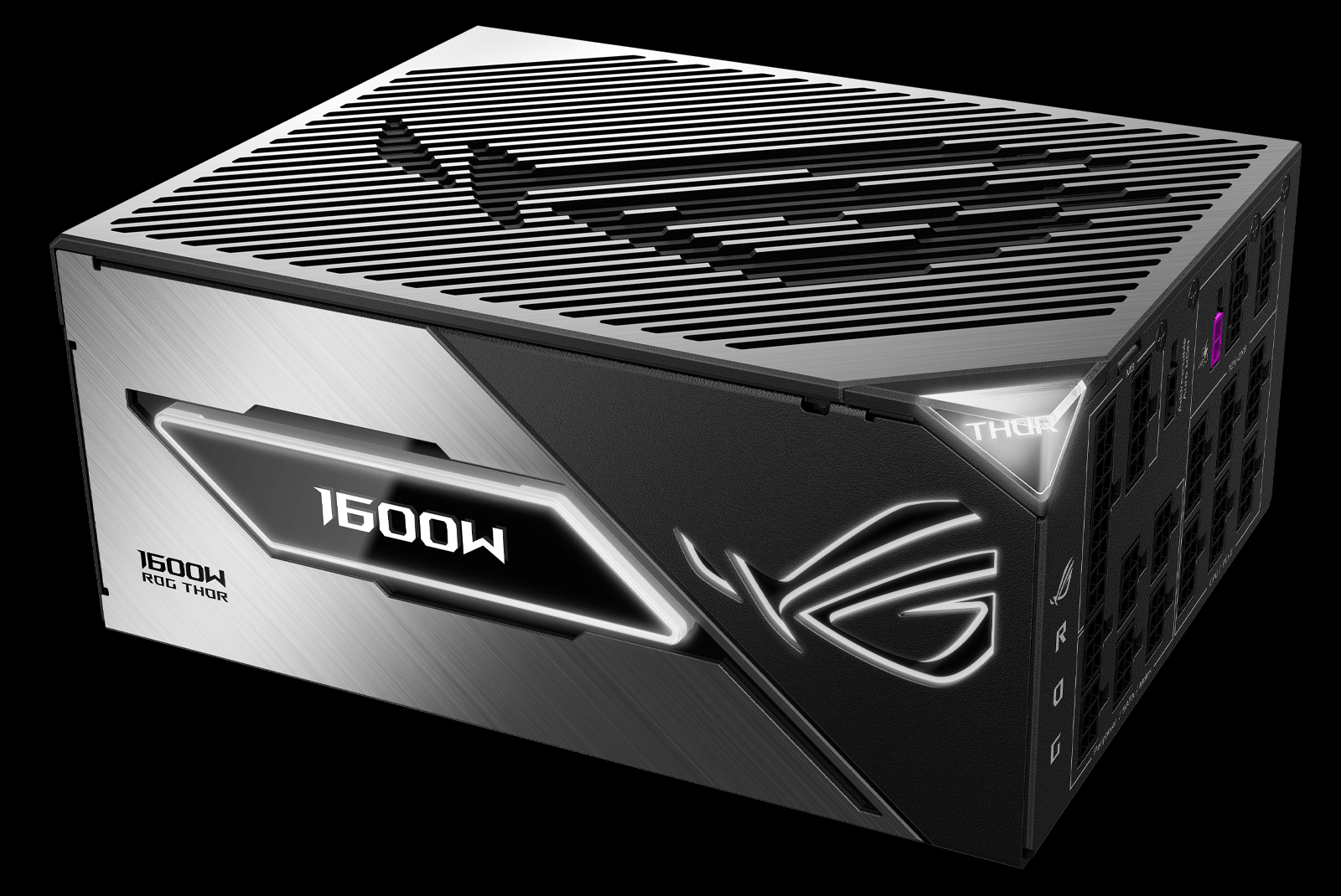 Side angle of ROG Thor 1000W Platinum III, showing RGB lighting.