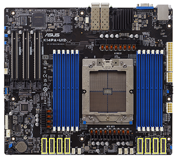 A motherboard with eight MCIO slots highlighted with yellow boxes