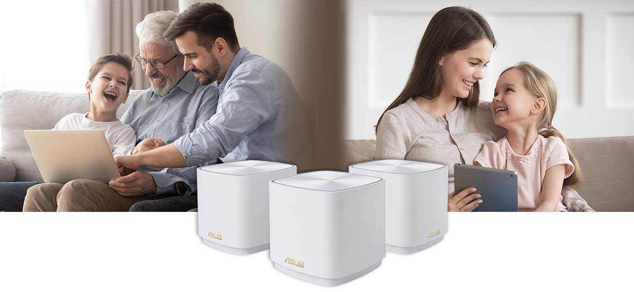 Gente que disfruta del tiempo en familia con el buen rendimiento WiFi que proporciona ZenWiFi