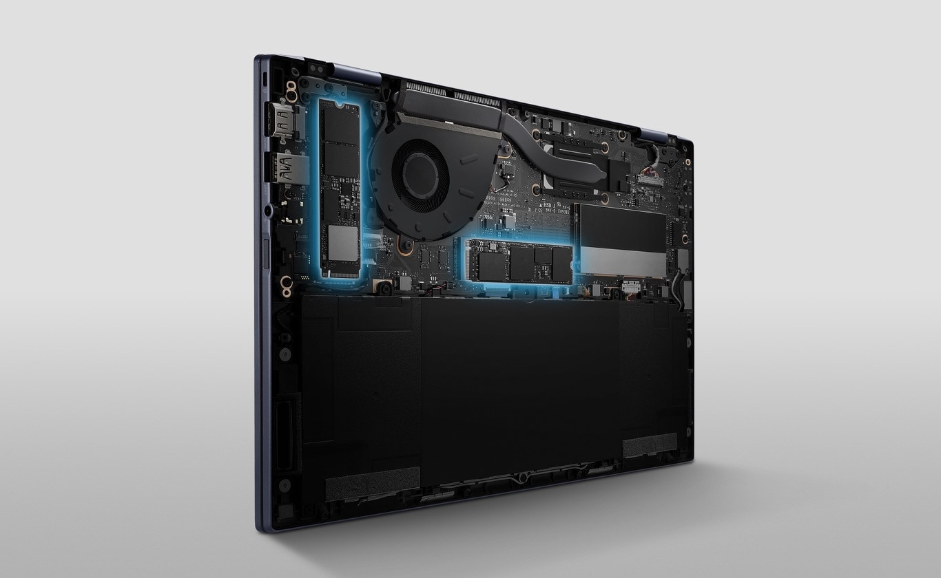 An angled back view of ExpertBook B5 Flip OLED showing two SSD slots