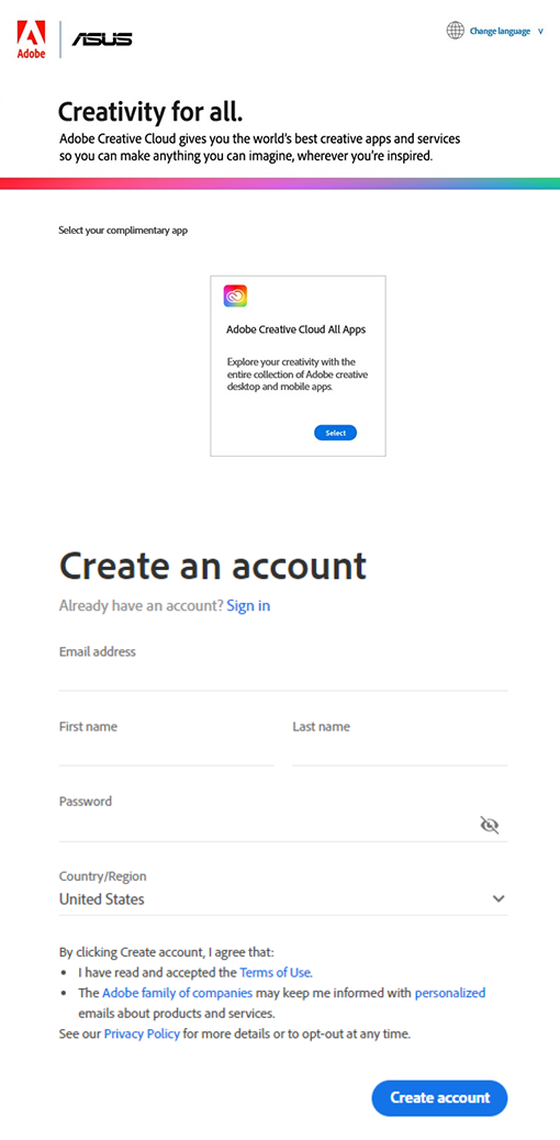 Create an account UI of Adobe Creative Cloud
