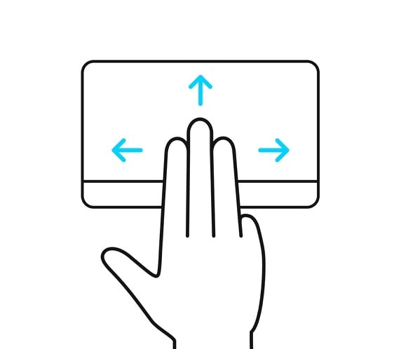 تظهر ثلاثة أصابع وهي تتحرك لأعلى ولأسفل ولليسار ولليمين على لوحة اللمس ErgoSense.