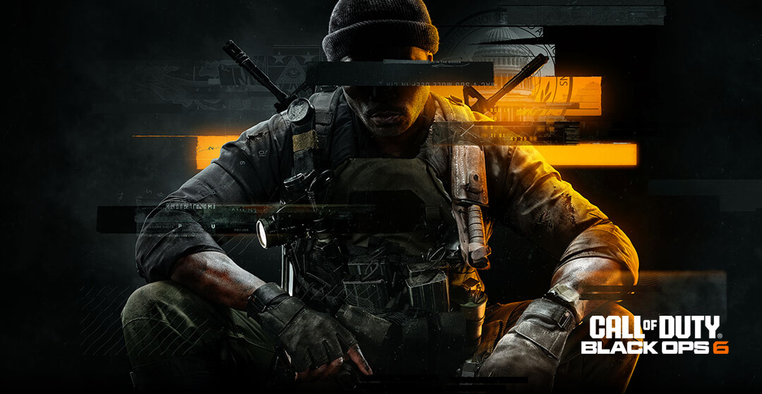 Daha aşağıda, "Call of Duty Black Ops 6" oyunundan, taktik teçhizat giyen ve arka planda turuncu bir parıltı olan bir tüfek tutan bir karakter görüntüleniyor.