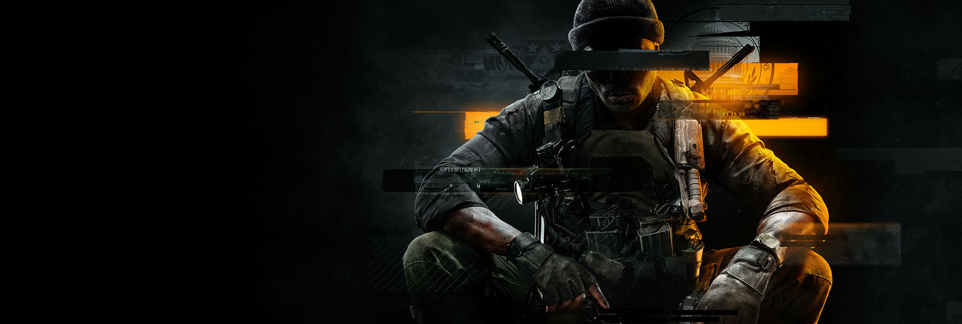 Daha aşağıda, "Call of Duty Black Ops 6" oyunundan, taktik teçhizat giyen ve arka planda turuncu bir parıltı olan bir tüfek tutan bir karakter görüntüleniyor.