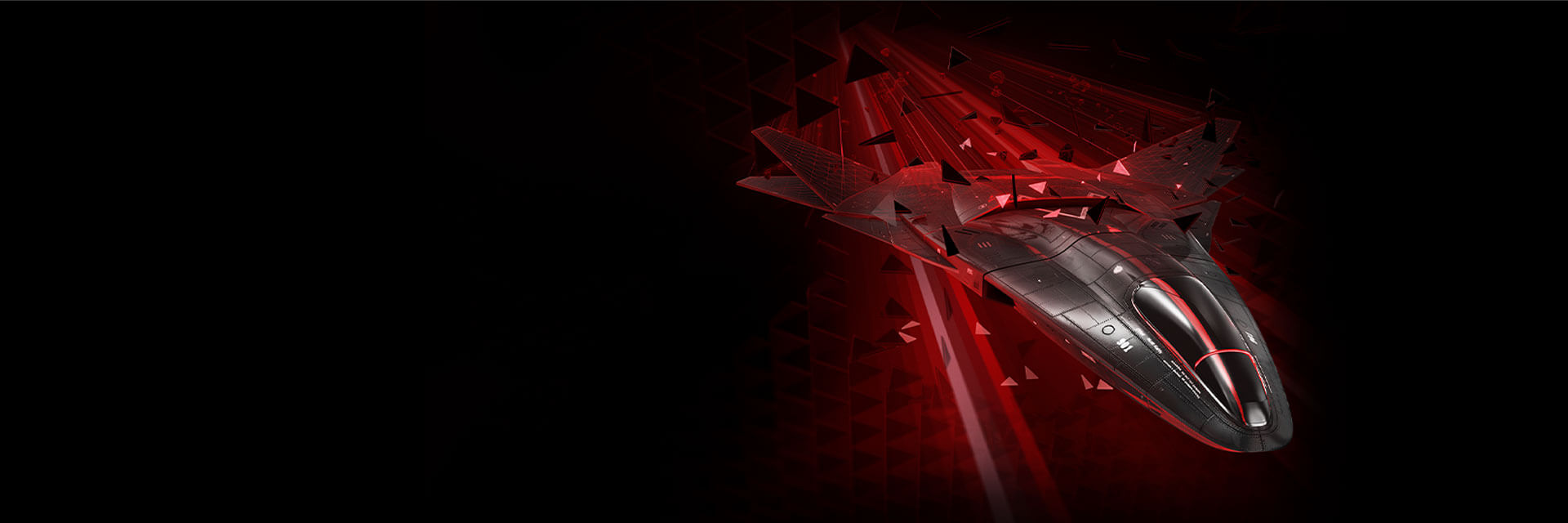 Daha aşağıda, fütüristik bir hayalet uçak, AMD FidelityFX Super Resolution teknolojisinin gücünü simgeleyen dijital kırmızı bir manzarada uçuyor.
