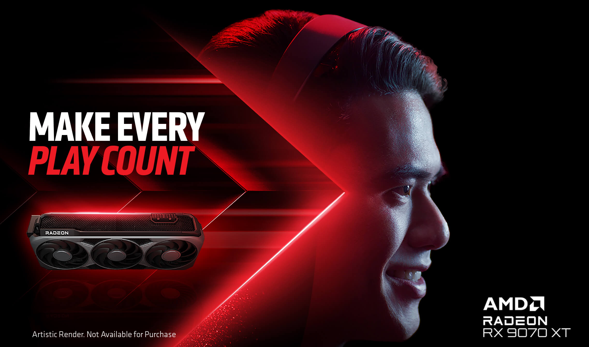 Bir oyuncu kafasının yarısı görünür, arka yarısı canlı kırmızı bir okla kaplıdır ve bu bölümde bir AMD Radeon GPU ve "Her oyunu sayın" metni gösterilir.
