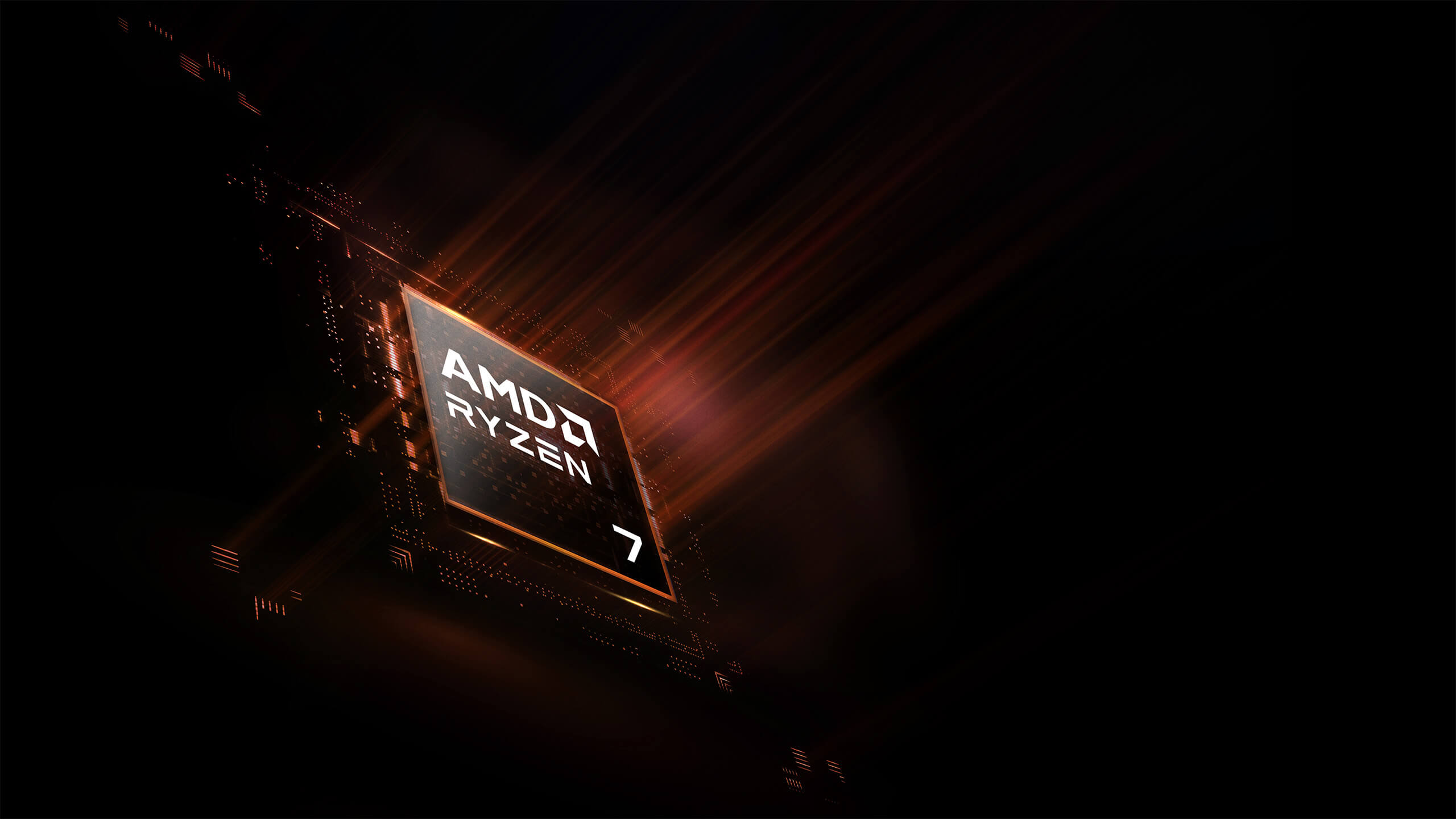 An AMD Ryzen 7 CPU atop a dark red, streaked background.