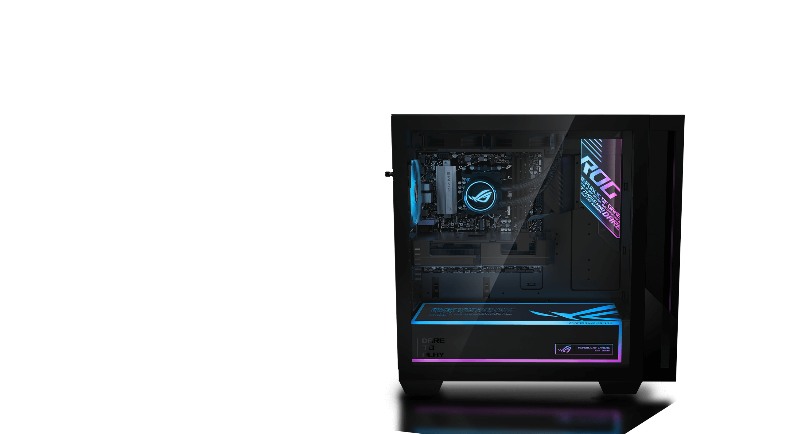 A side view of the G700 desktop, showing its glass side panel and RGB-illuminated, ROG-branded interior.