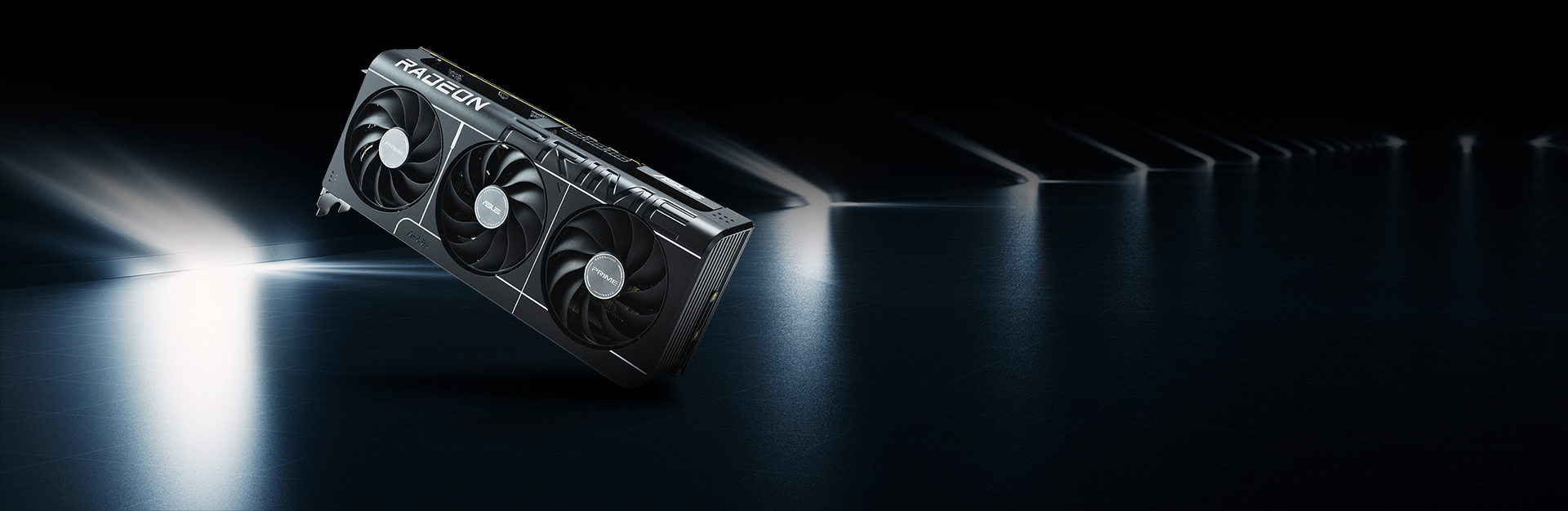Köşesinde açılı ve çoğunlukla gri bir koridorun üzerinde yüzen bir ASUS PRIME GPU.