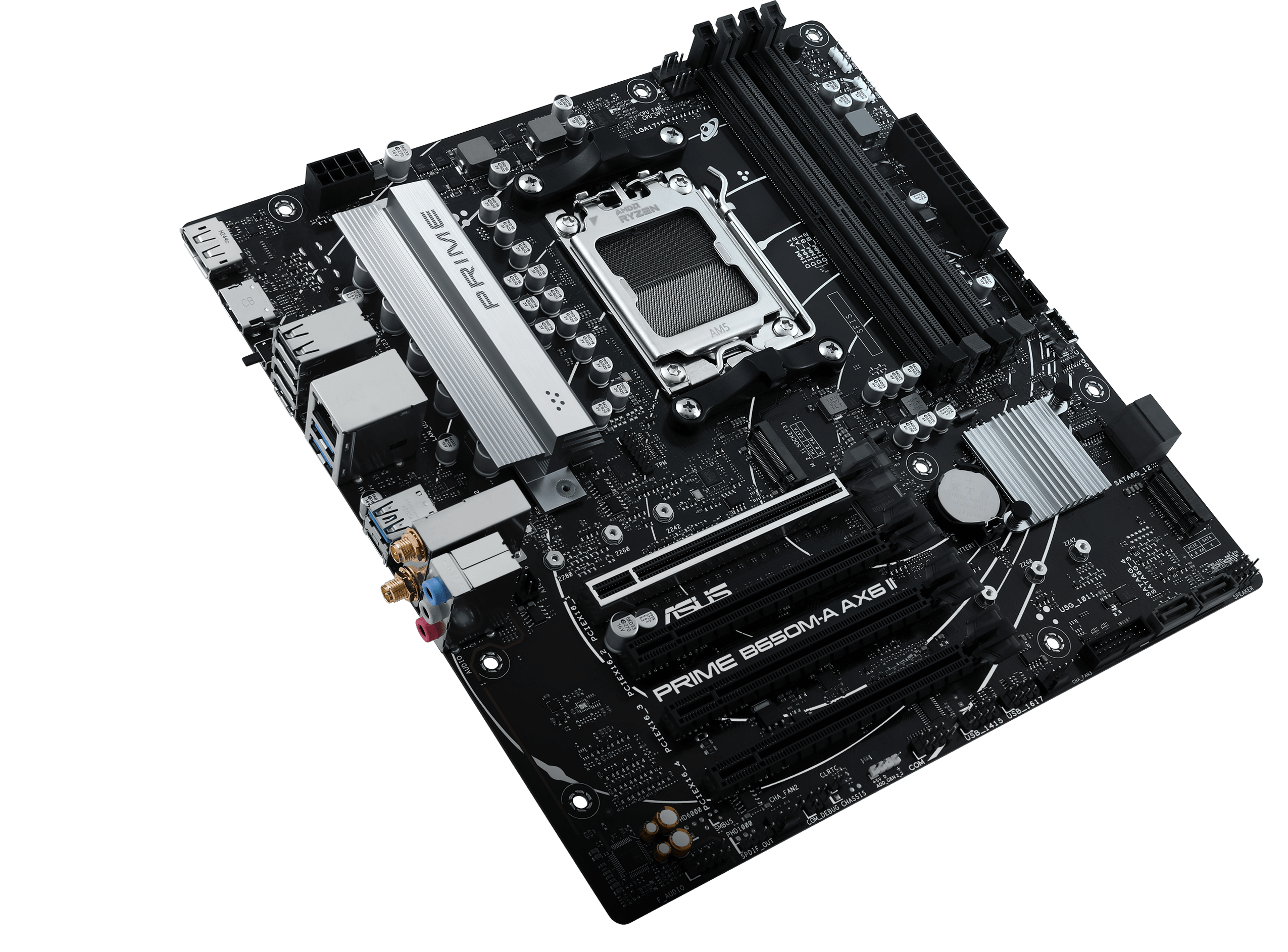 An ASUS motherboard atop a dark grey background.