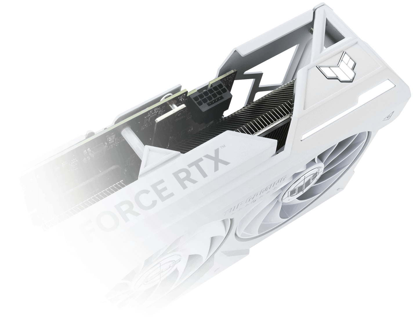Angled view of the ASUS TUF Gaming GeForce RTX 4070 Ti SUPER White Edition graphics card, highlighting the ARGB element