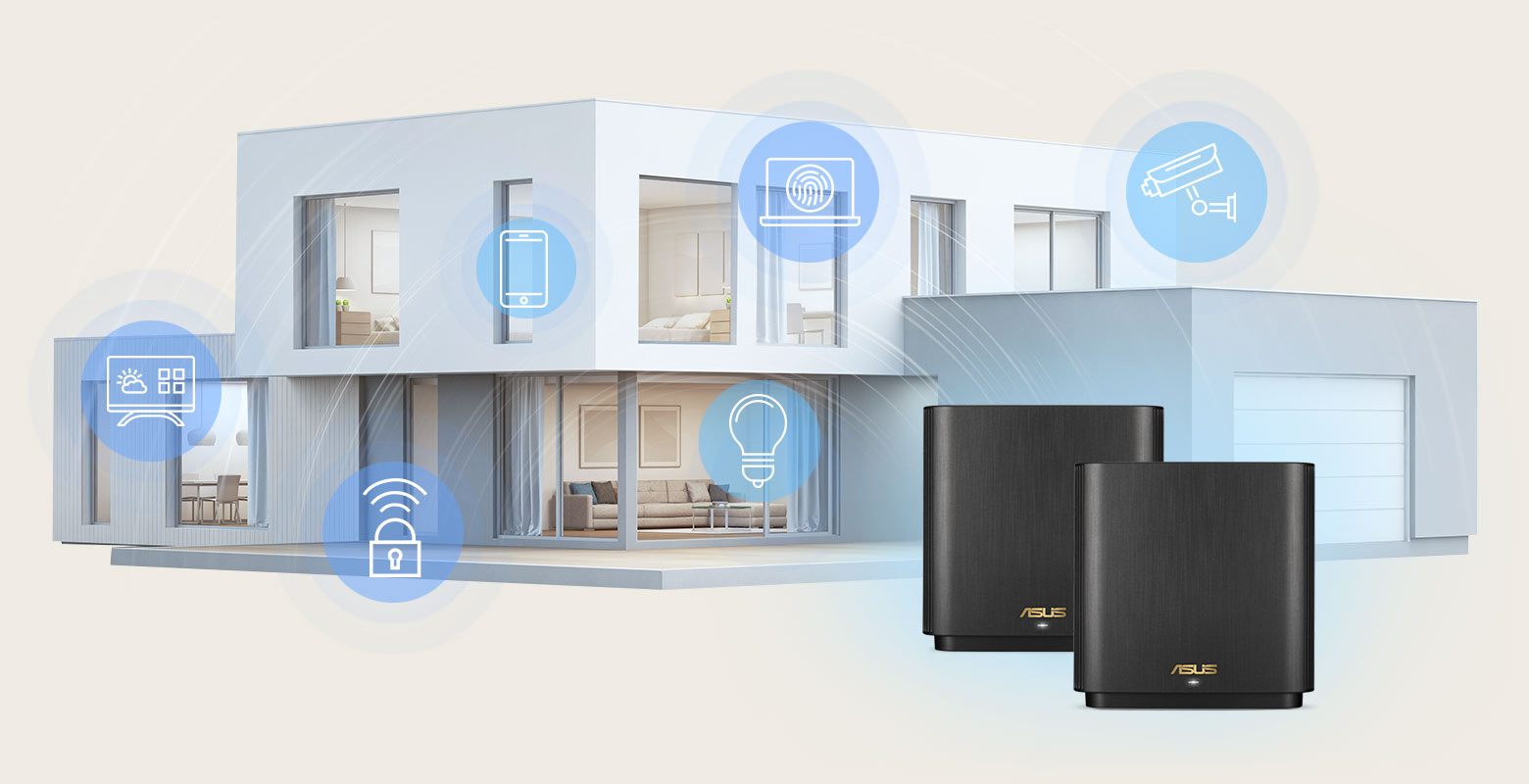 ASUS ZenWiFi XT9 網狀網路路由器提供最大 5700 平方英尺的全室 WiFi 涵蓋範圍，可供使用者連結所有物聯網居家裝置。