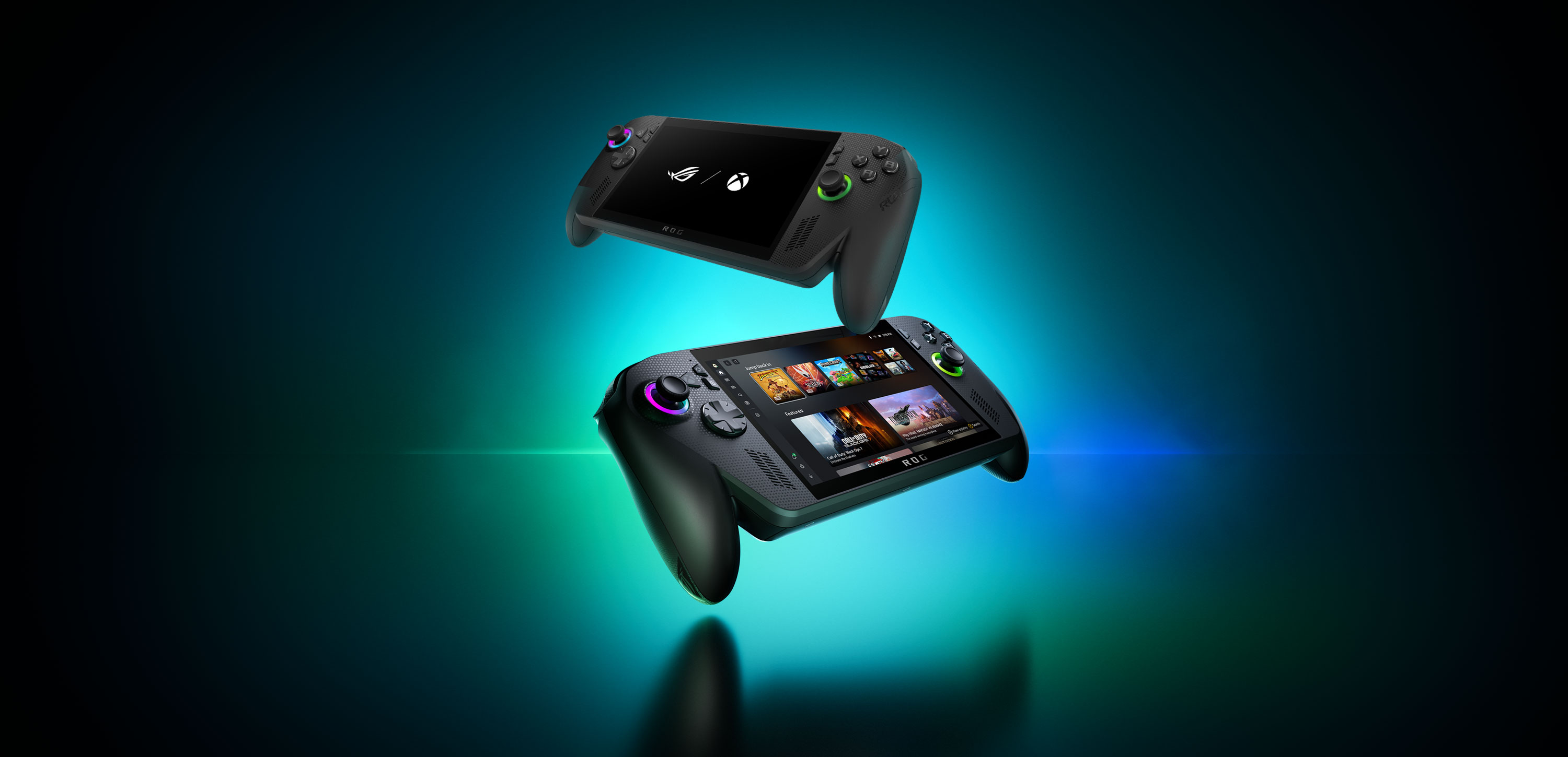 The ROG Xbox Ally and ROG Xbox Ally X flying on the blue-green gradient background with a white slash.