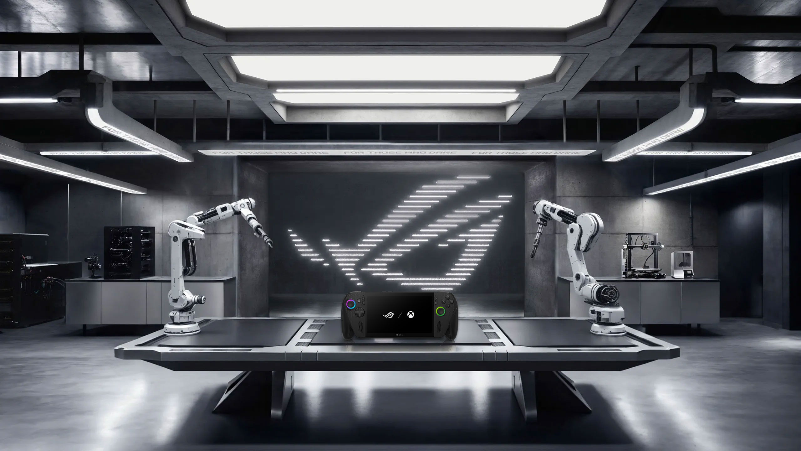 Two robotic arms assembling a transparent, high-tech ROG (Republic of Gamers) logo with red accents in a futuristic industrial lab environment.