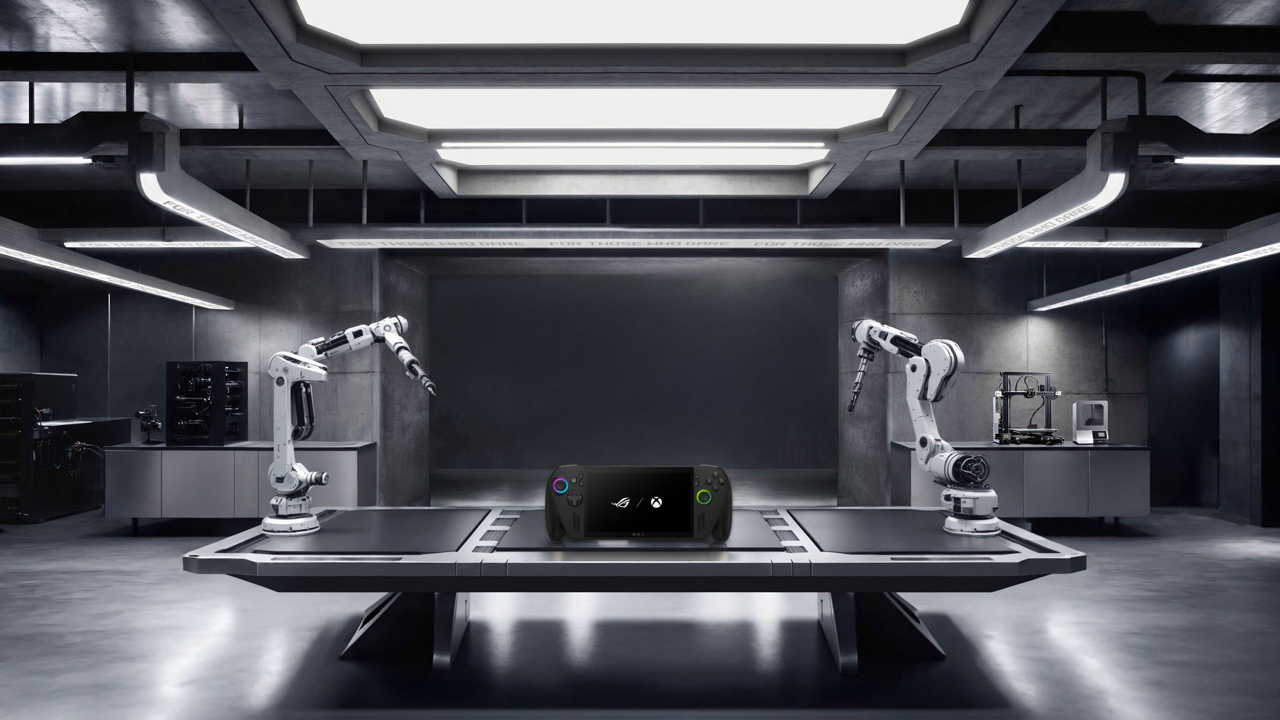 Two robotic arms assembling a transparent, high-tech ROG (Republic of Gamers) logo with red accents in a futuristic industrial lab environment.