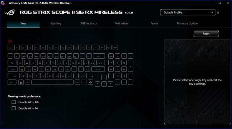 Graphic user interface of Armoury Crate for ROG Strix Scope II 96 RX Wireless