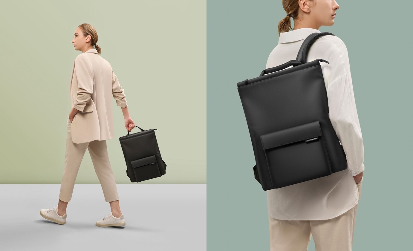 A woman on the left is holding an ASUS Vigour Backpack by its handle. On the right is a close-up view of a woman carrying an ASUS Vigour Backpack on her shoulder.