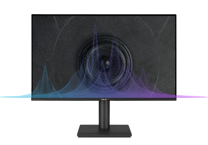 Demonstrate monitor has built-in speakers