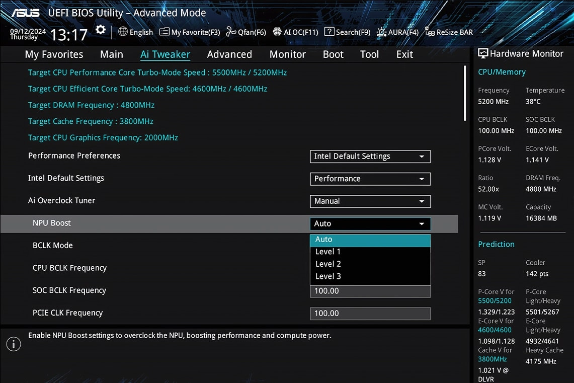 This is a UEFI BIOS interface displaying the NPU BOOST feature.