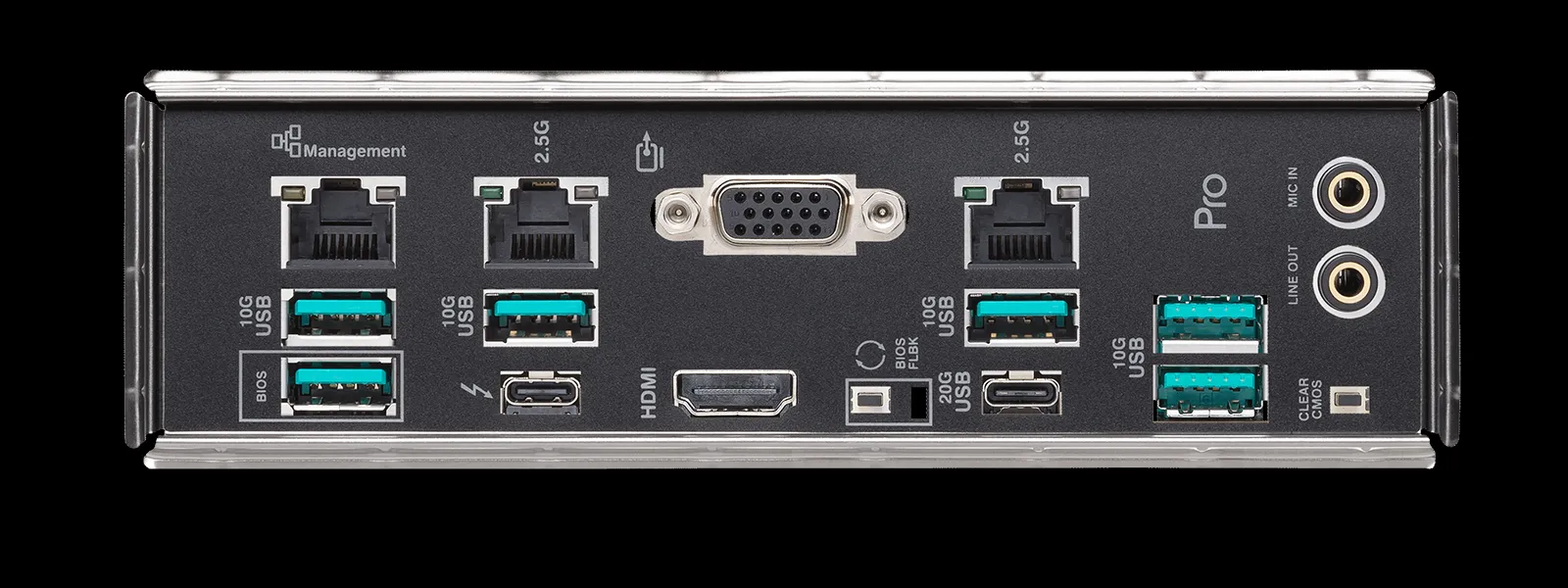 A photo of the back I/O of Pro WS W880-ACE SE showcasing all the important ports.
