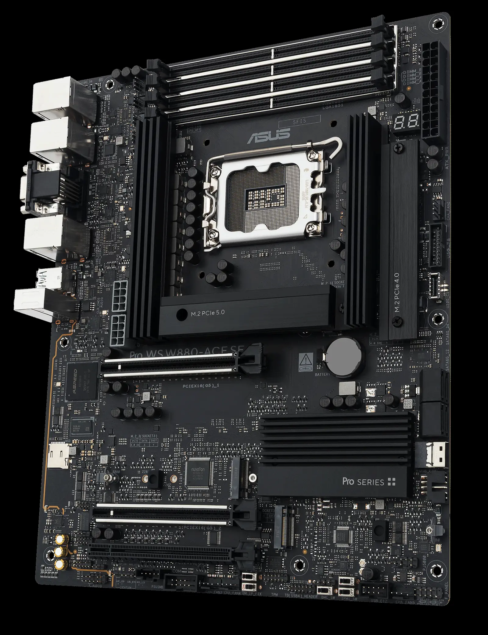 A product photo of the Pro WS W880-ACE SE showcasing all the important ports and slots.