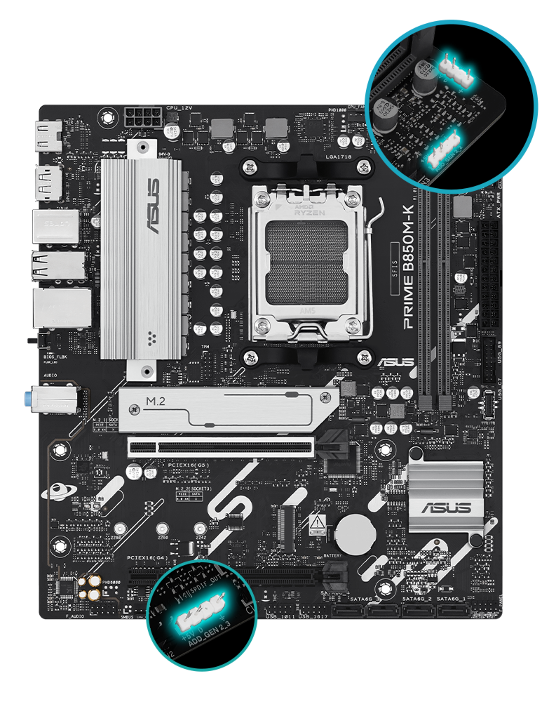 PRIME B850M-K-CSM front view, 45 degrees.