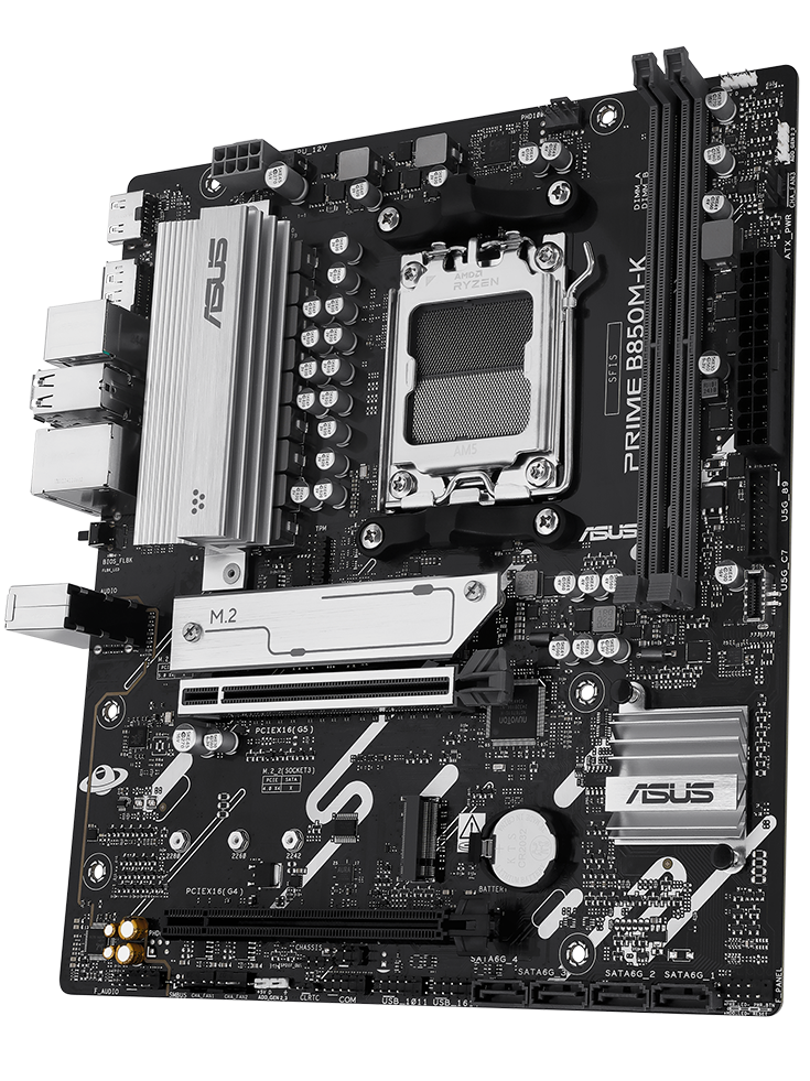 PRIME B850M-K-CSM motherboard front view, floating in space.