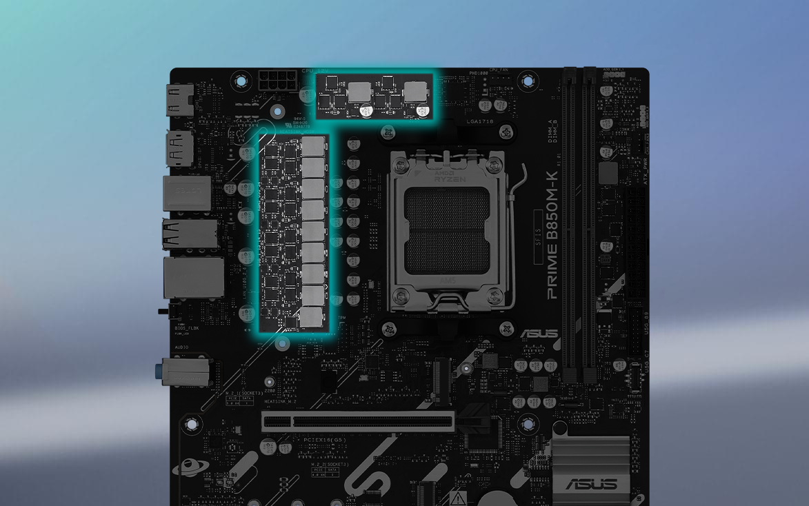 Angled top-down view of PRIME B850M-K-CSM motherboard.