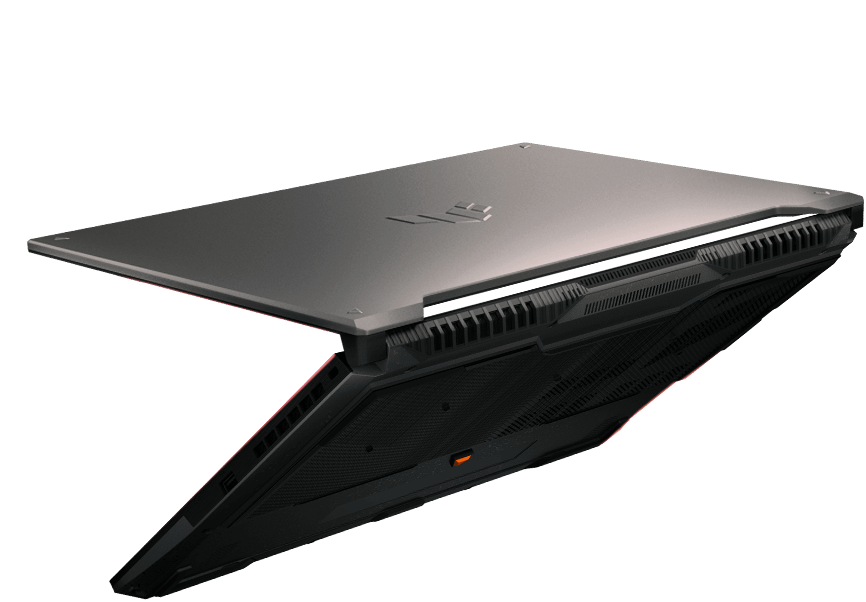 Ноутбук TUF Gaming A16 с полуоткрытой крышкой на фоне из сломанного бетона.