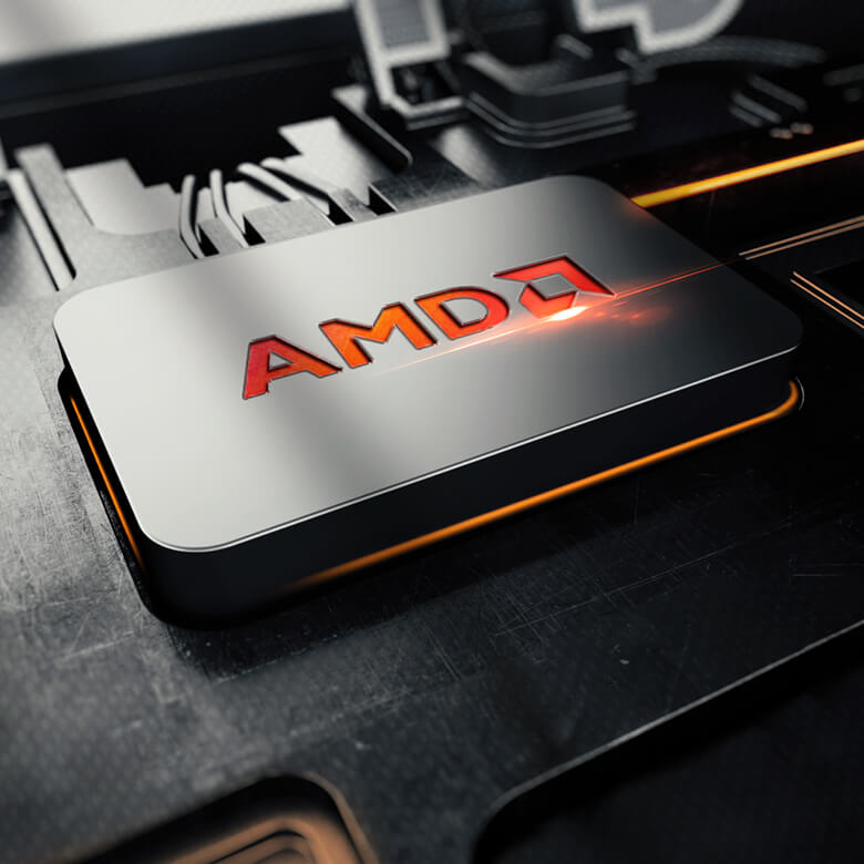 Упрощенная трехмерная модель процессора красного цвета с надписью «AMD» наверху.