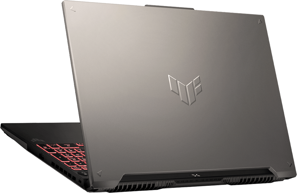 Ноутбук TUF Gaming A16 показан сзади с полуоткрытой крышкой.