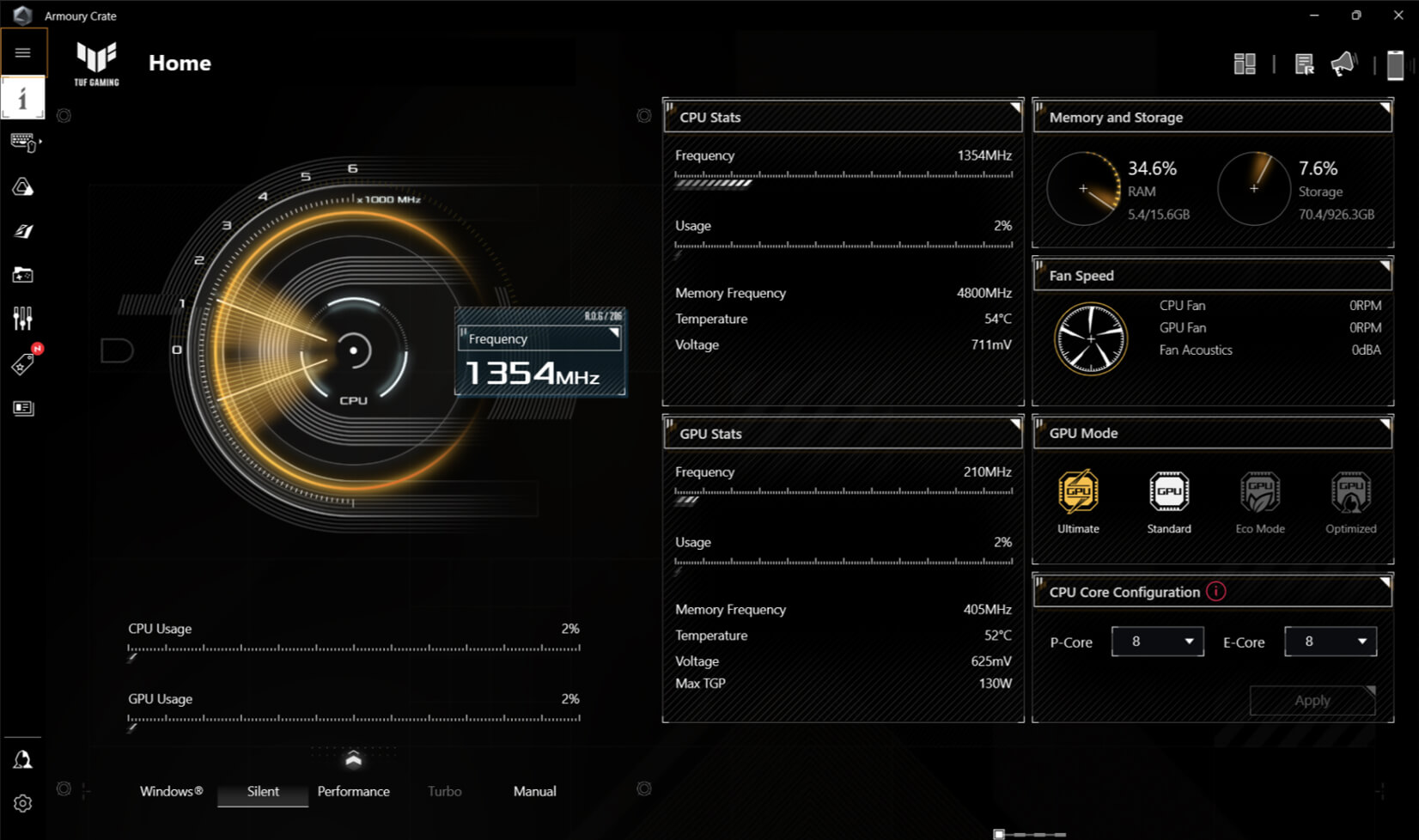A screenshot of Armoury Crate software showing system status and toggle-able functions.