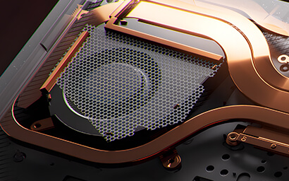 A 3D rendered close up of the cooling system of the TUF Gaming A16, with emphasis on the fans and dust filters.