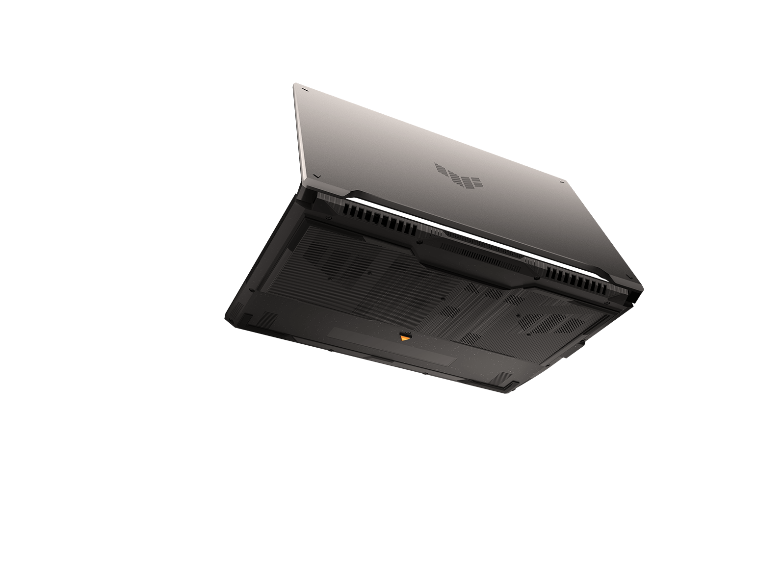 Ноутбук TUF Gaming A16 с полуоткрытой крышкой парит на черном фоне. Видны вентиляционные отверстия в его нижней панели. 
