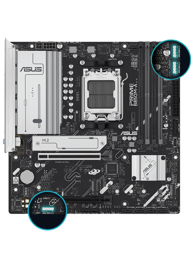 PRIME B850M-A-CSM front view, 45 degrees.