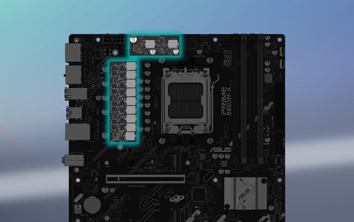 Angled top-down view of PRIME B850M-A-CSM motherboard.
