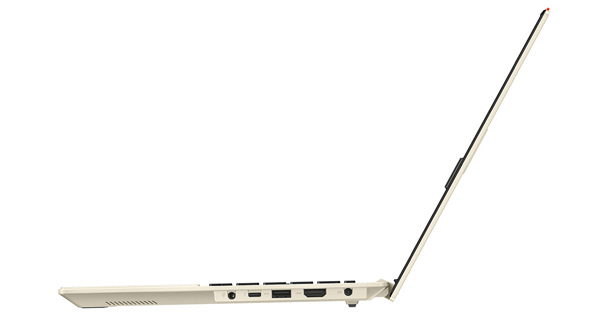 right-side shot of opened ASUS Vivobook S 14/15 OLED thin and light laptop in Cream White color