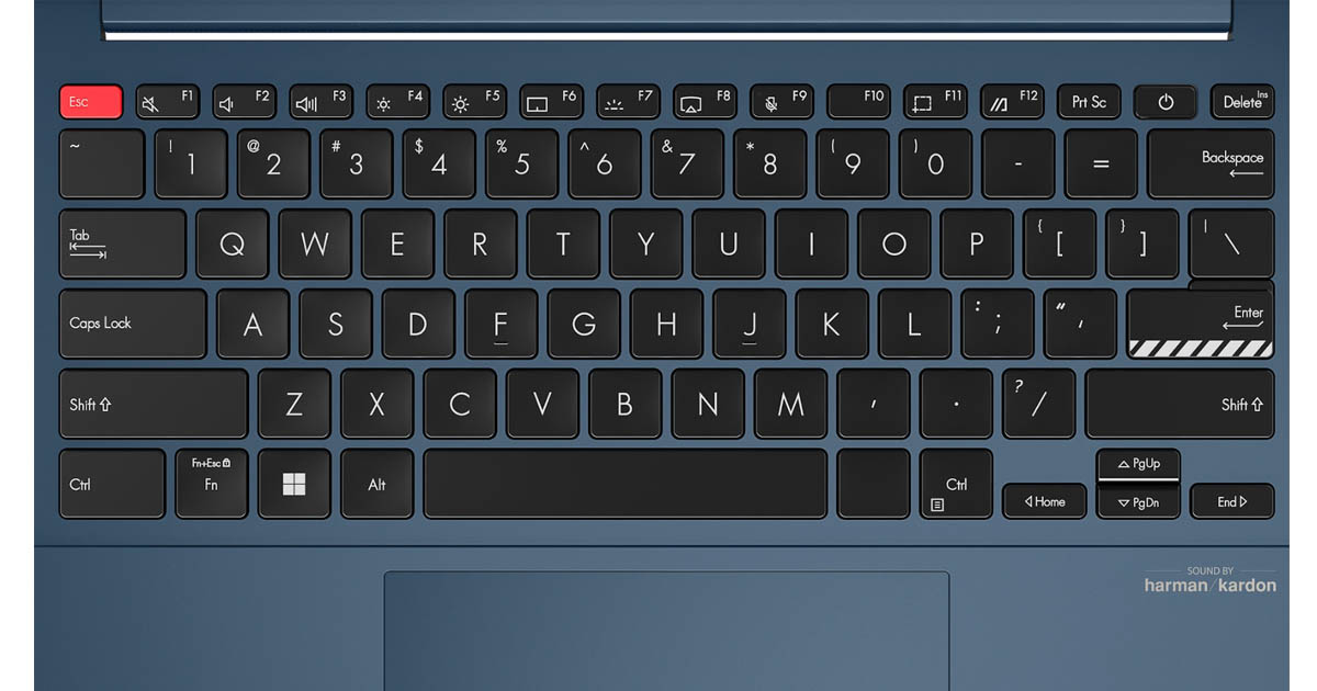 close shot of ErgoSense Keyboard with orange Escape key and Striped-design Enter key on the Solar Blue colorway of ASUS Vivobook S 14/15 OLED laptop