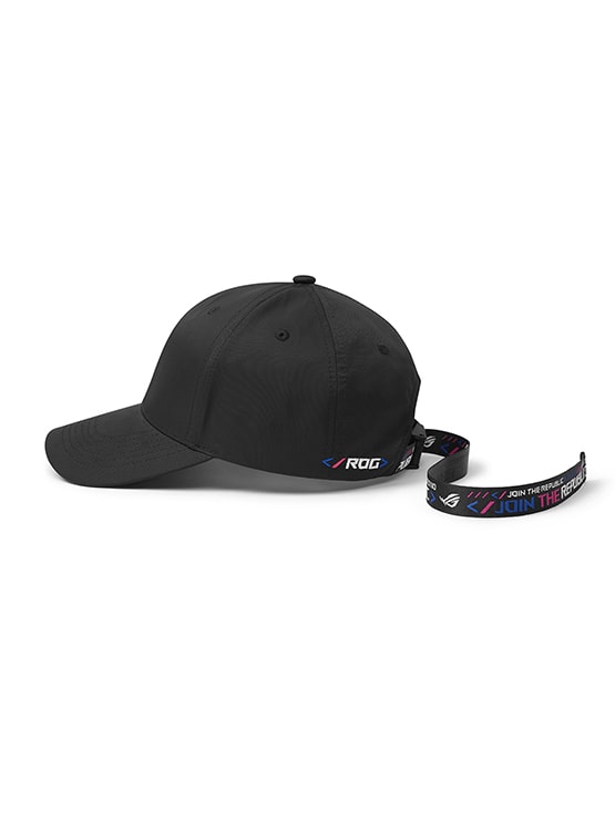 Front side of ROG SLASH Classic Baseball Cap.Cap's ribbon untied.