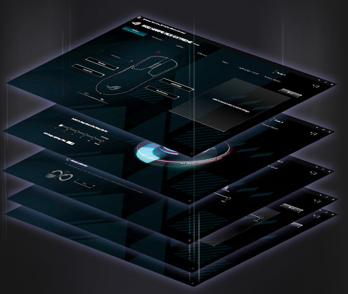 The UIs of Armoury Crate Gear showing an array of things users could do to calibrate the mouse