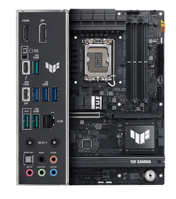 TUF Gaming motherboard front view, with Aura lighting, and I/O shield