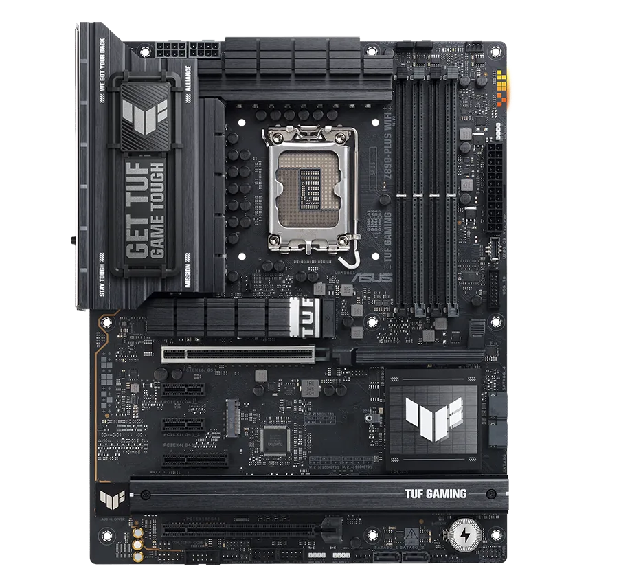 TUF Gaming motherboard front view, with Aura lighting