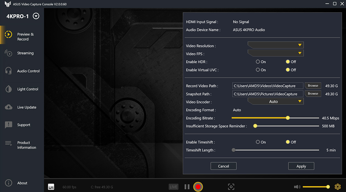 ASUS Video Capture Console user interface: preview control