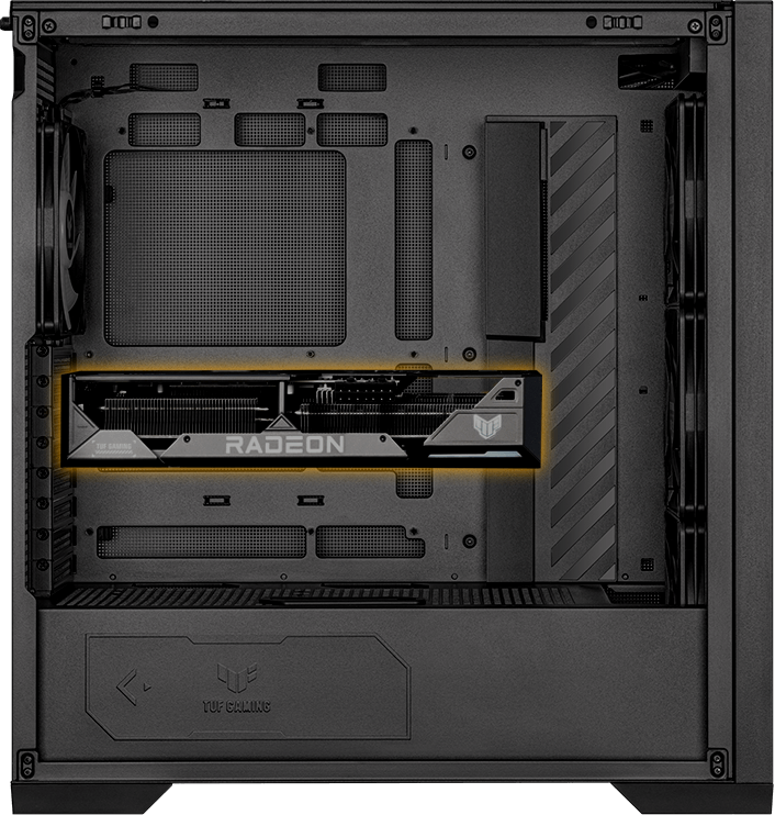 Vista lateral del PC TUF Gaming GT302 ARGB con la tarjeta gráfica instalada horizontalmente