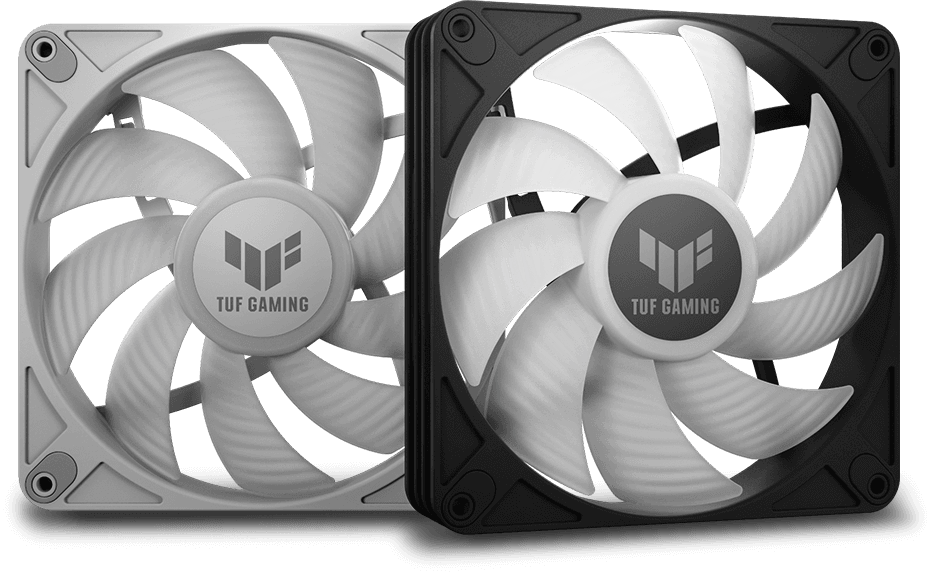 One white and one black 140 x 28 mm TUF Gaming fan side-by-side