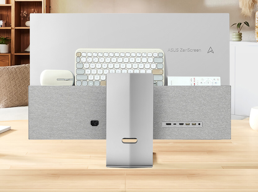 Showcase the back of the ZenScreen Smart MS32UC, where it has a convenient storage design where you can place the remote control and a set of mouse and keyboard