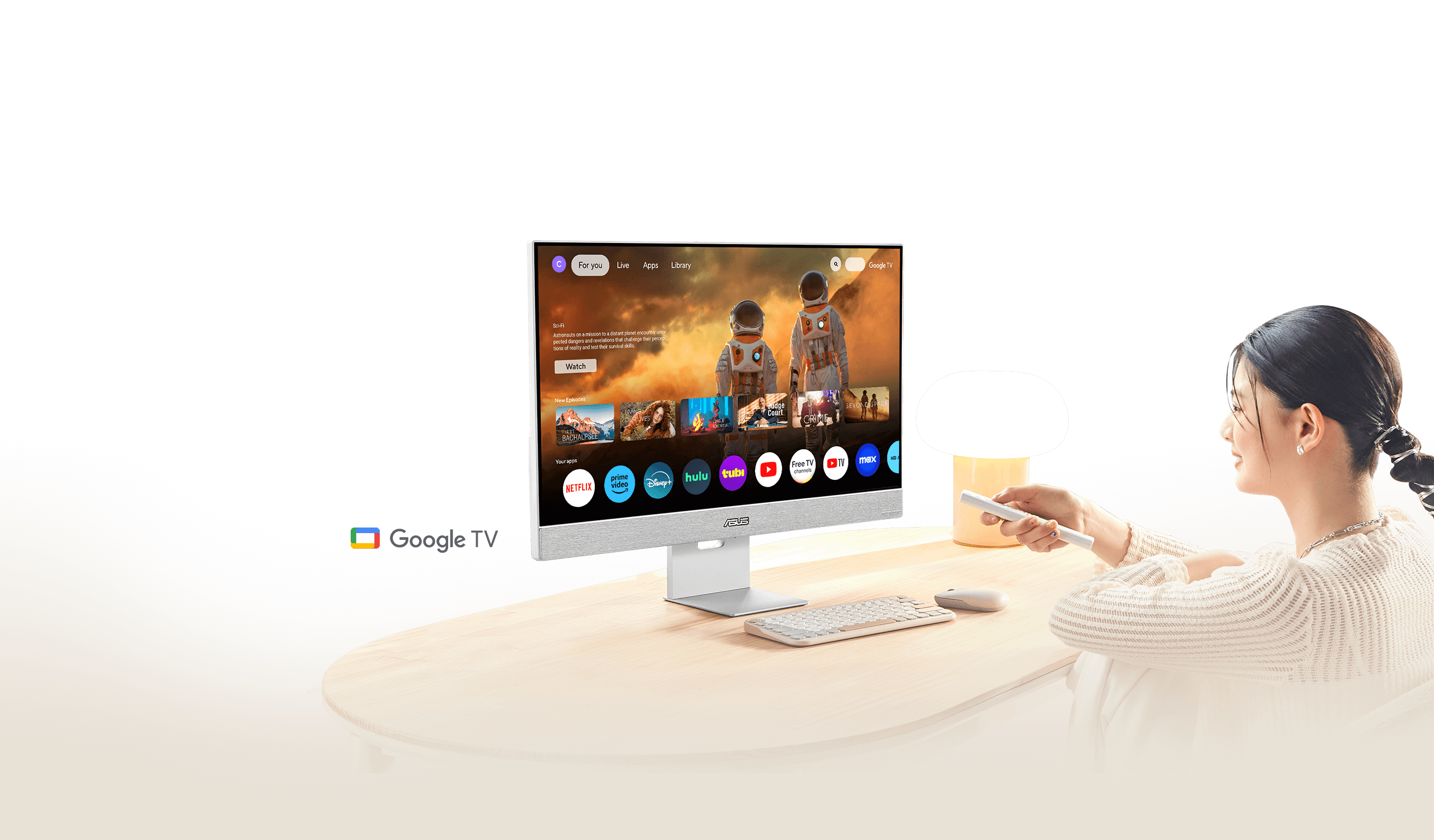 A young female professional enjoy various entertainment content on Google TV with the ASUS ZenScreen Smart Monitor MS32UC with Google TV logo icon.