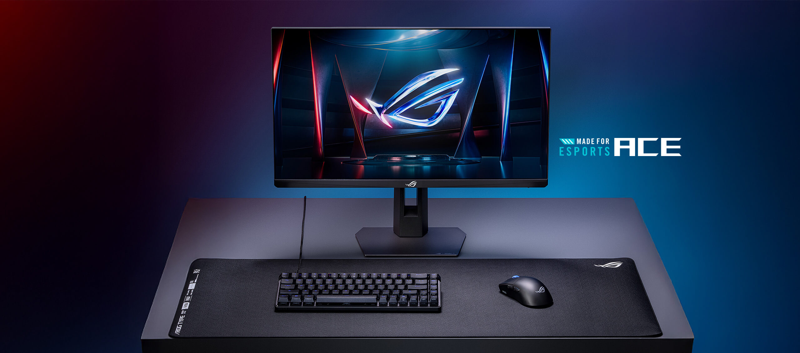 A full Ace Esports gaming setup, including the Harpe II Ace, Falchion Ace HFX, Hone Ace XXL, and the Strix Ace esports monitor, with an Ace icon on the side