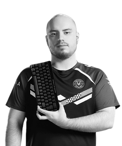 VALORANT pro Derke holding up the ROG Falchion Ace HFX