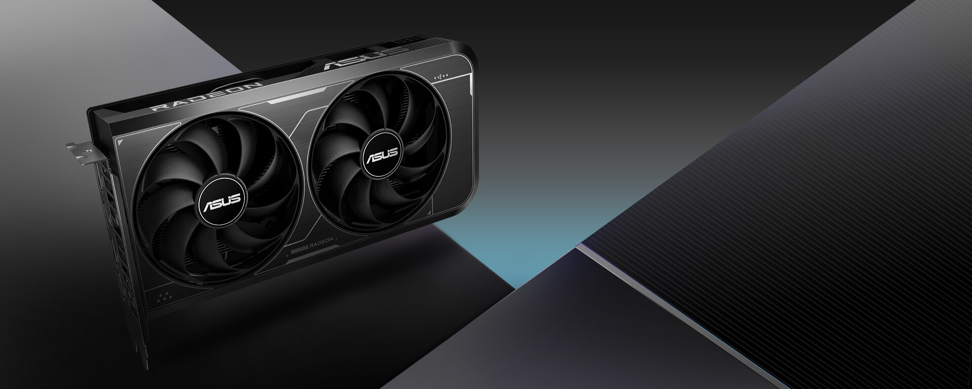 Front angled view of the ASUS Dual Radeon RX 6600 V3 graphics card